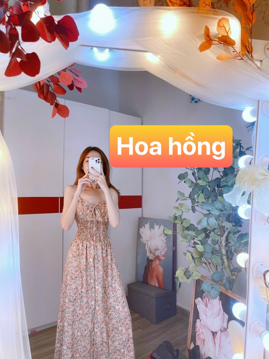 [HCM]Đầm maxi hai dây cột nơ bo eo hoa nhí siêu dễ thương - hình thật