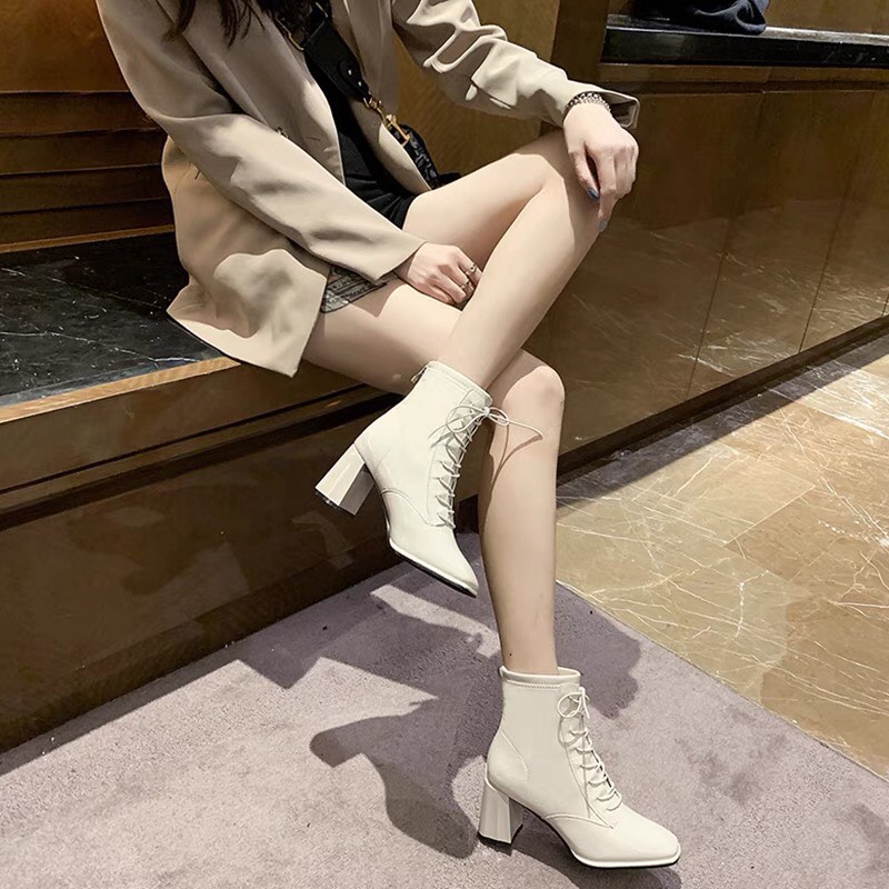 Giày Nữ  Bốt Đế Vuông Da Bóng Phong Cách Thời Trang Trẻ