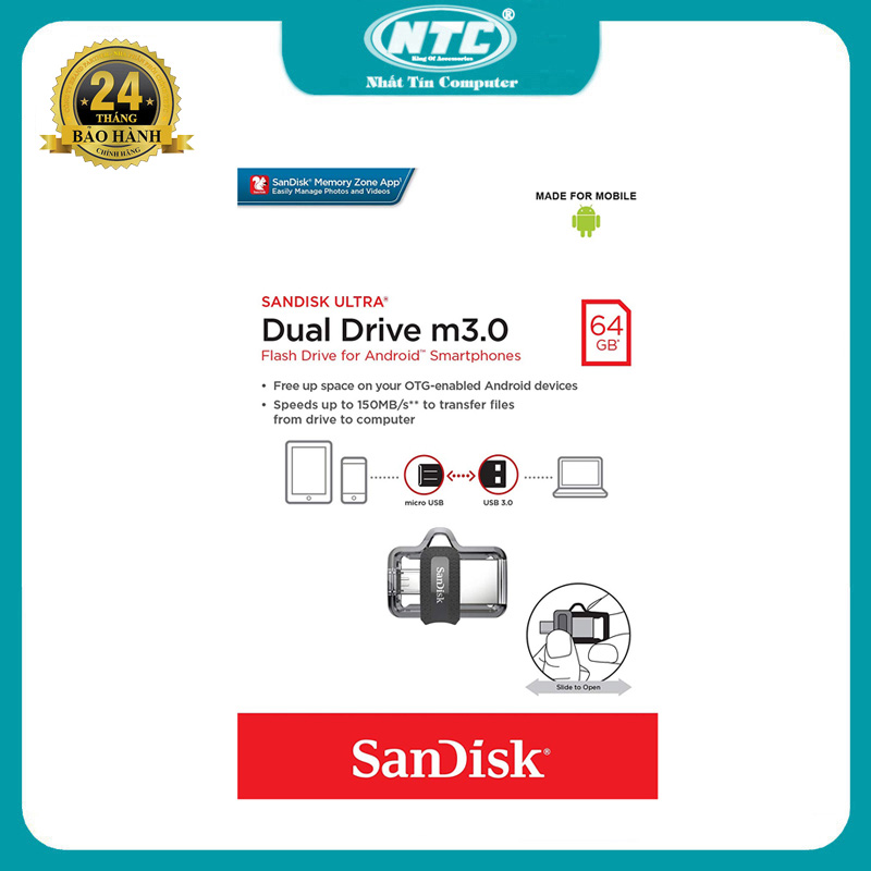 USB OTG 64GB SanDisk Dual Drive M3.0 có 1 cổng USB 1 cổng microUSB (Bạc)
