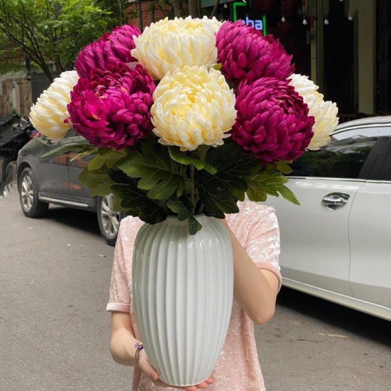 Hoa cúc mẫu đơn lụa nhập khẩu, cúc đại đóa cao cấp bông size đại