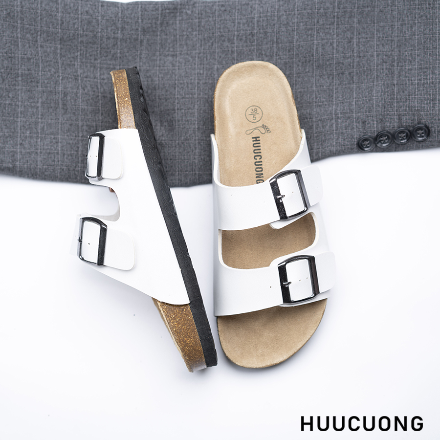 Dép đế trấu nữ 2 khóa da pu trắng