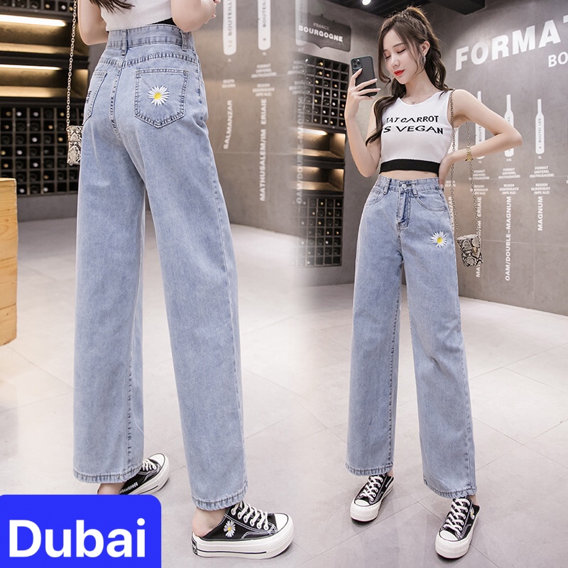 QUẦN BAGGY JEAN NỮ XANH CHẤT BÒ HOA CÚC HOT TREND ỐNG RỘNG DÀI LƯNG CAO NÂNG MÔNG HÀN QUỐC DB-321  CAO CẤP - DUBAI FASHION