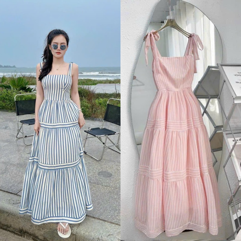 Đầm maxi kẻ sọc 2 dây cột nơ vai