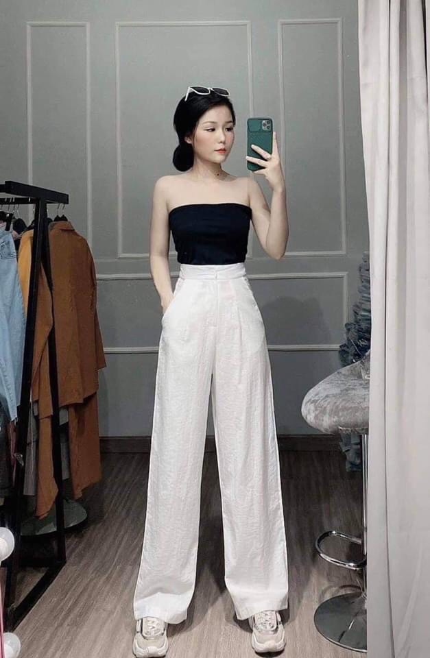 Quần ống rộng đũi cạp cao dài 100cm