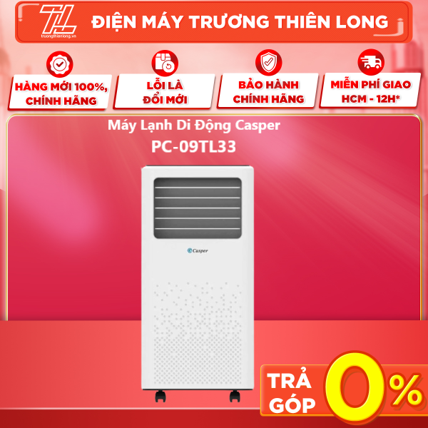 Máy lạnh di động Casper PC-09TL33  - Bảo Hành 3 Năm Làm lạnh nhanh mát lạnh dễ chịu Máy nén hiệu suất cao vận hành êm ái Máy Lạnh 1 chiều không Inverter - TRẢ GÓP 0% - GIAO TOÀN QUỐC - NGOÀI HCM TÍNH PHÍ