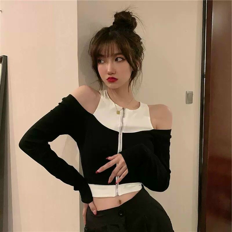 ÁO CROPTOP KIỂU LỬNG NỮ TRỄ VAI DÀI TAY MÀU ĐEN PHỐI CỔ TRẮNG KÈM DÂY KÉO TRƯỚC CO GIÃN THOẢI MÁI DÀY DẶN MỀM MỊN SIÊU HOT HIT HADI CỰC CÁ TÍNH