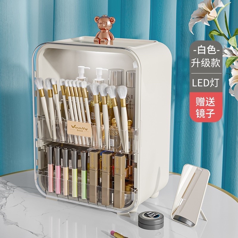 Ndht0711 hộp đựng đồ đèn led mỹ phẩm, tủ nhựa đựng đồ trang điểm chống bụi để bàn