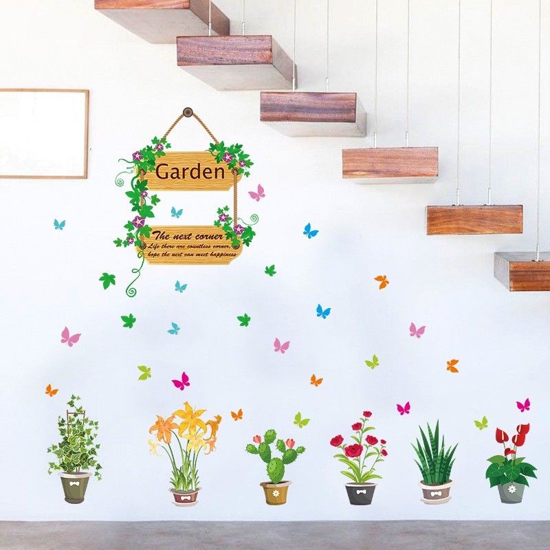 Decal dán tường chậu cây xanh bảng gỗ