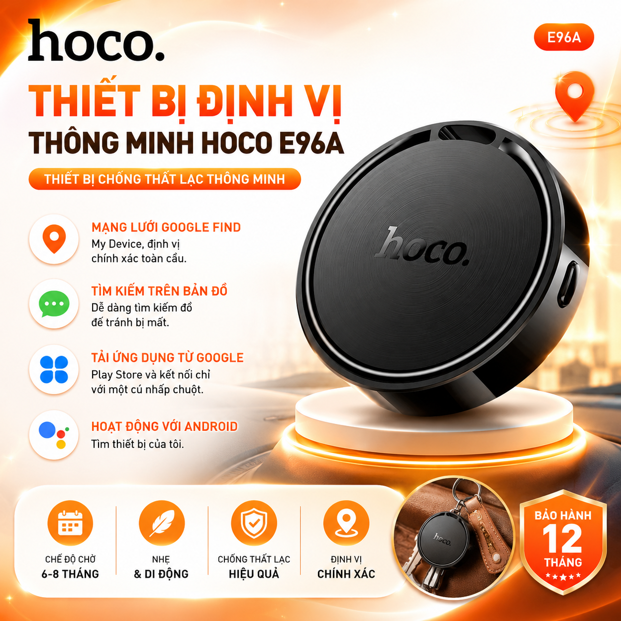 Thiết bị chống thất lạc định vị thông minh không dây HOCO E96A Hỗ trợ Google Find My Network Bộ tìm chìa khóa