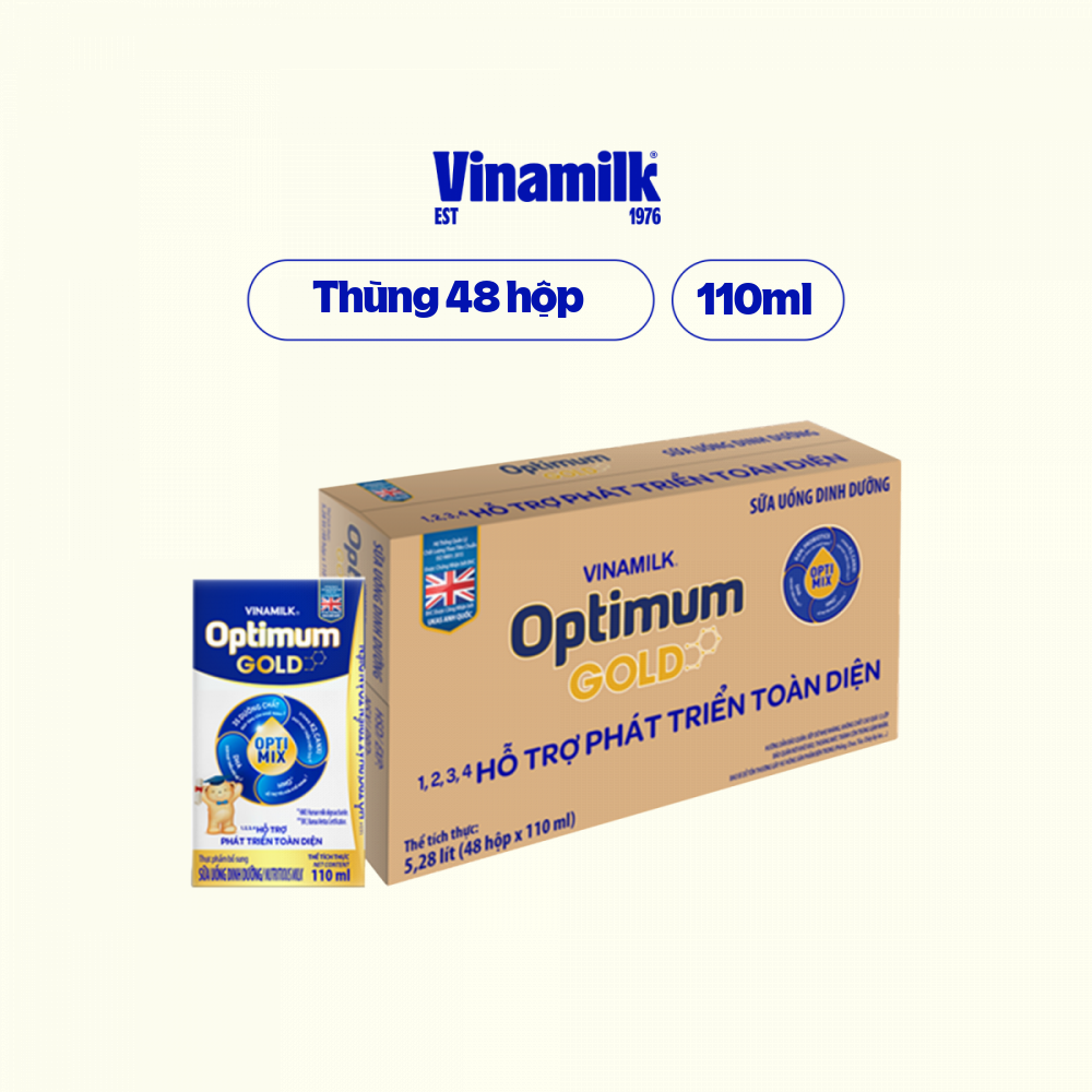 (Tặng 3 bộ thẻ học song ngữ) Thùng 48 hộp Sữa nước Vinamilk Optimum Gold 110ml - sữa bột pha sẵn hỗ trợ Tăng cân, chiều cao, tiêu hóa, phát triển não bộ