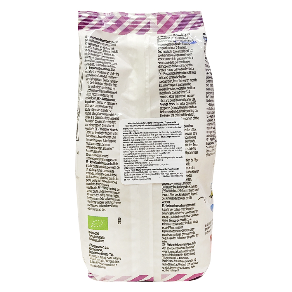 Mì ăn dặm hữu cơ cho bé dạng sợi BioJunior 200g (Từ 8 tháng tuổi)