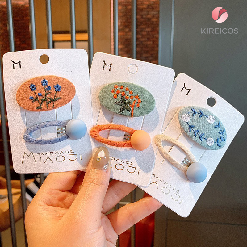 [HCM]Set 2 Kẹp Tóc Thêu Hoa Và Kẹp Bấm Tóc Màu Macaroon - kireicos