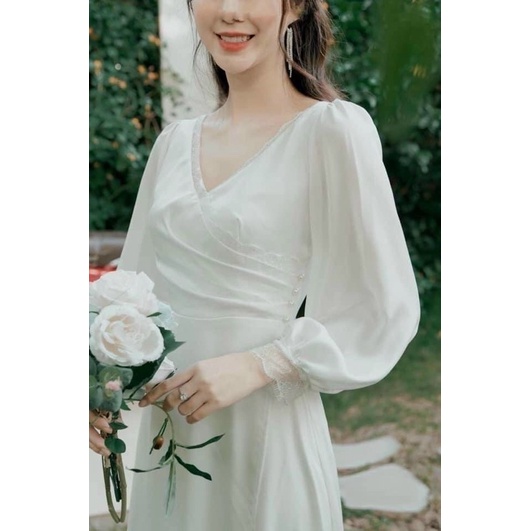 ĐẦM TRẮNG TAY DÀI, VIỀN REN, NÚT EO (có ảnh thật) MS123
