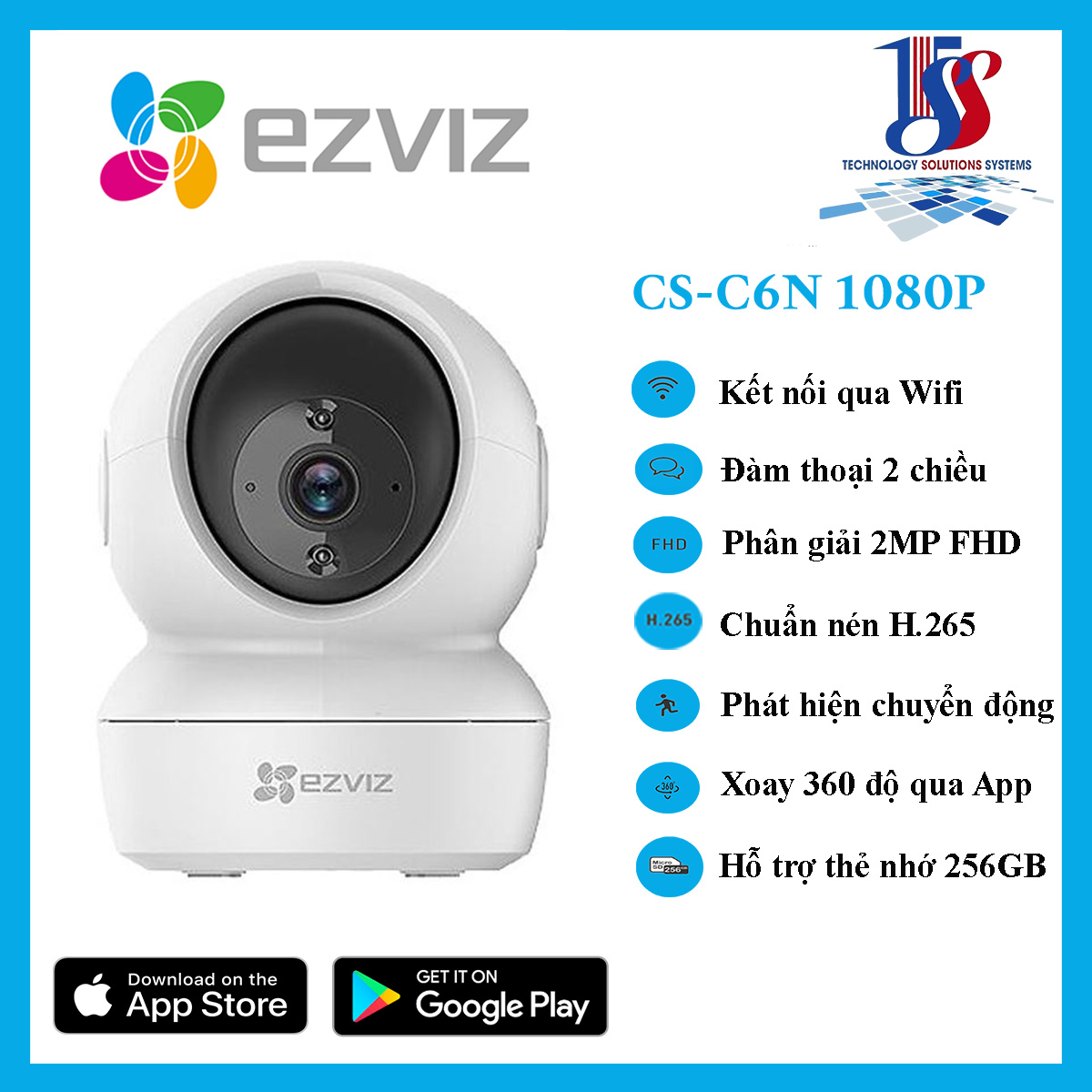 Camera EZVIZ không dây IP Wifi CS-C6N-A0-1C2WFR C6N 1080P, đàm thoại 2 chiều, phân giai 2.0 megapixel, xoay qua app, phát hiện chuyển động- Bảo hành 24 tháng