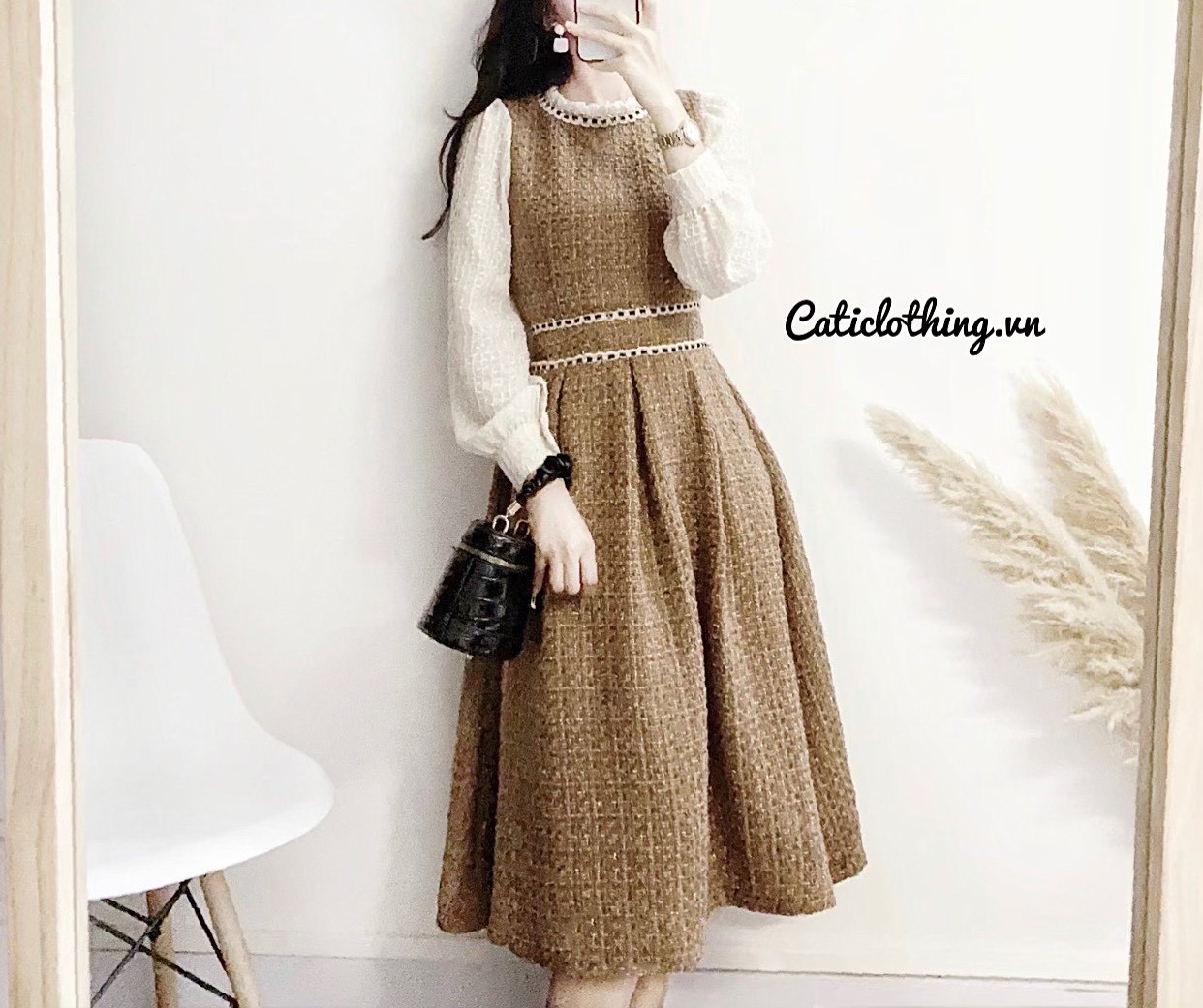 Đầm dạ tweed phối viền nhiều màu A1829