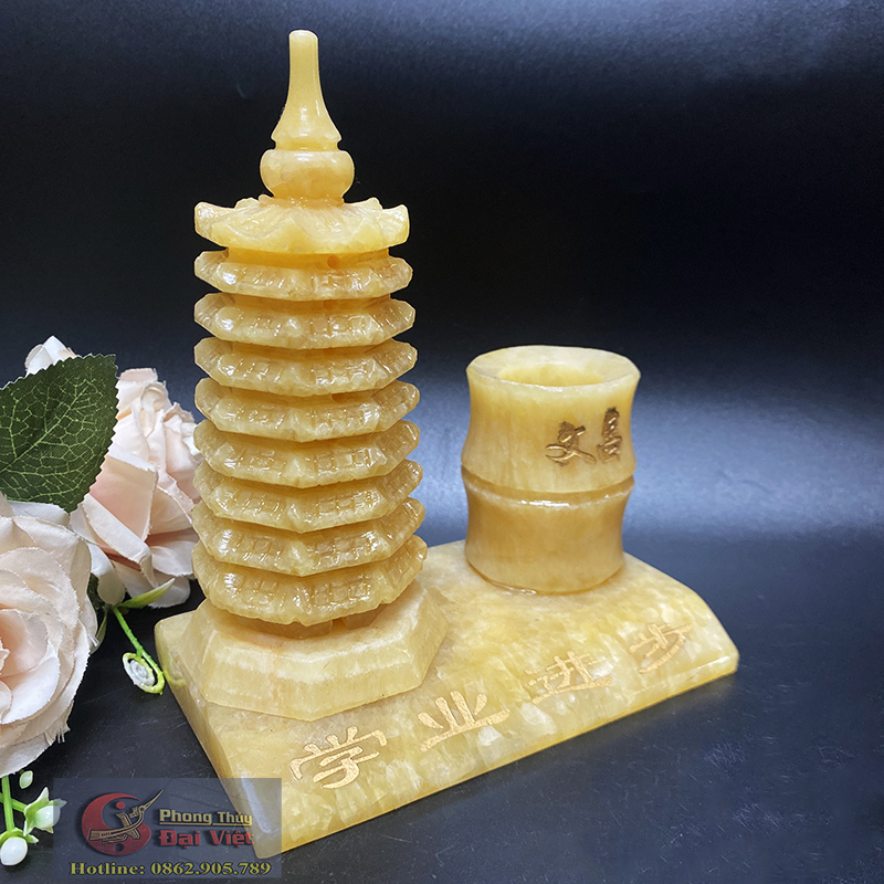 Ống bút tháp văn xương 9 tầng đá ngọc hoàng long