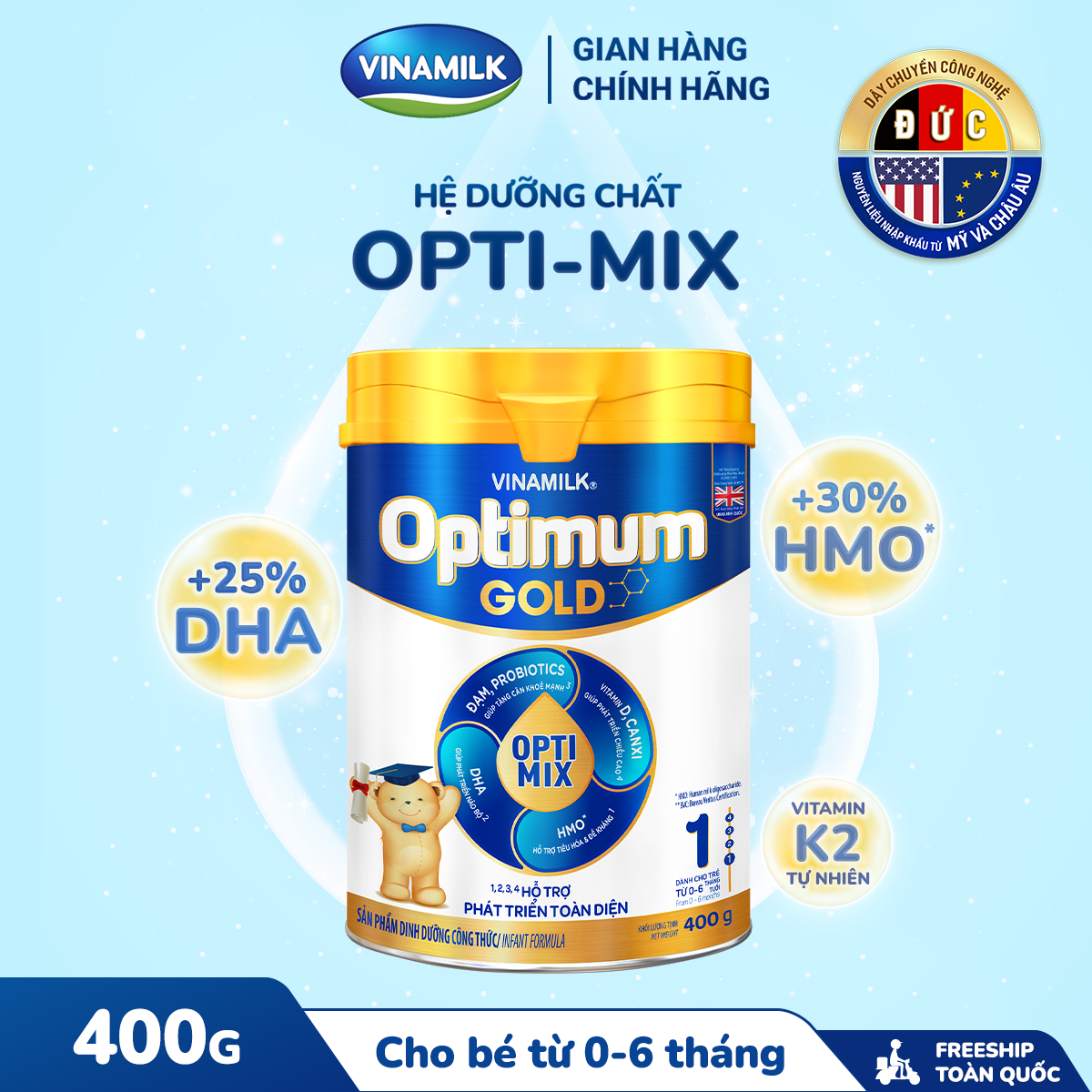 Hộp Sữa bột Vinamilk Optimum Gold 1 - Hộp thiếc 400g (cho bé từ 0 - 6 tháng tuổi) Sữa cho trẻ sơ sinh hỗ trợ phát triển toàn diện, chất lượng quốc tế