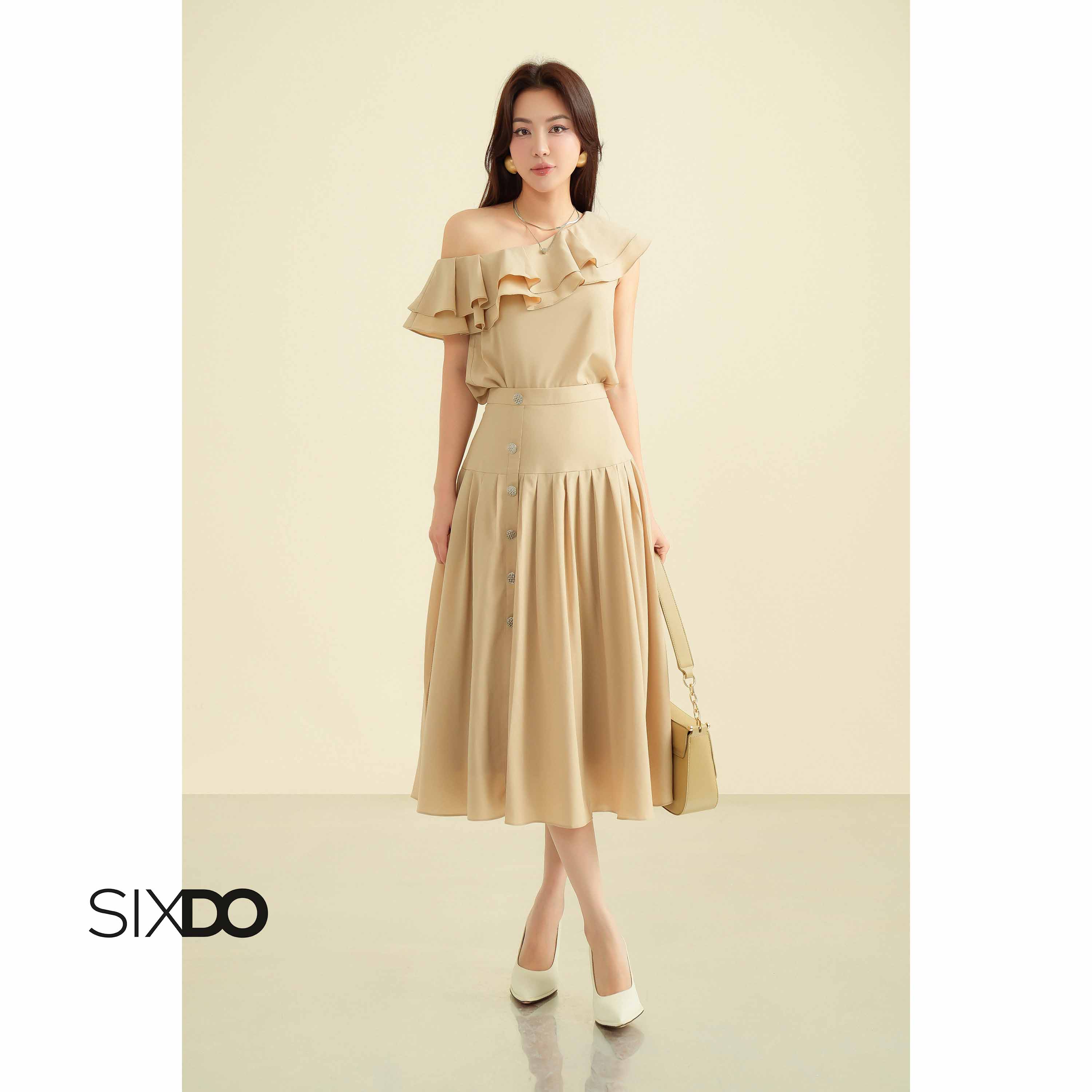 Chân váy xếp ly phối cúc dọc SIXDO (Midi Silk Skirt)
