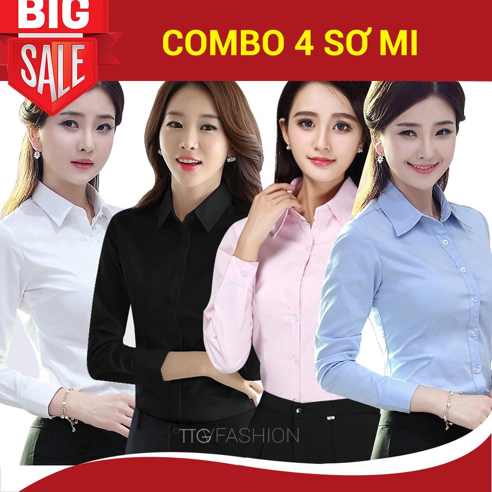 Combo 4 sơ mi (NỮ TRẮNG  + NỮ ĐEN + NỮ HỒNG PHẤN + NỮ XANH NHẠT)