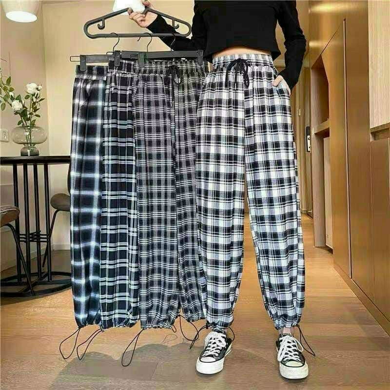 Quần jogger kẻ caro có dây rút unisex