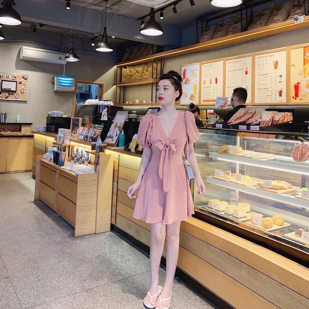 Đầm voan cổ V thắt nơ ngực sao chất TTSA0419