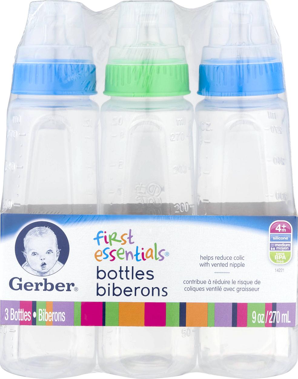 Set 3 bình sữa Gerber First Essentials núm silicon 270ml (9oz)-Xách tay Mỹ