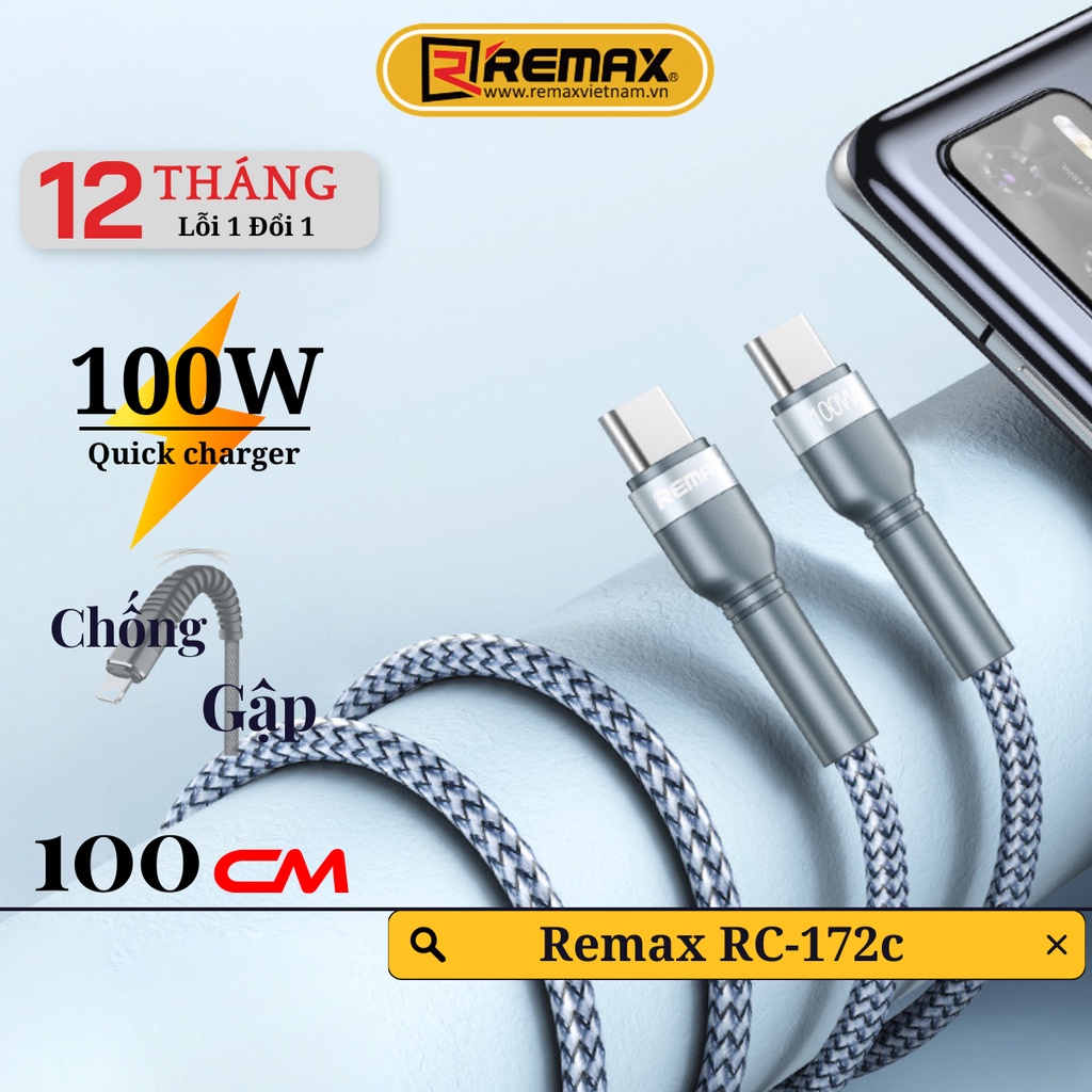 Cáp sạc nhanh type c to type c remax pd 100w cho andoird cáp dài 1m remax rc-172c - remax việt nam bảo hành 12 tháng 1 đổi 1