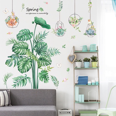Decal  dán tường tán cây và những giỏ hoa