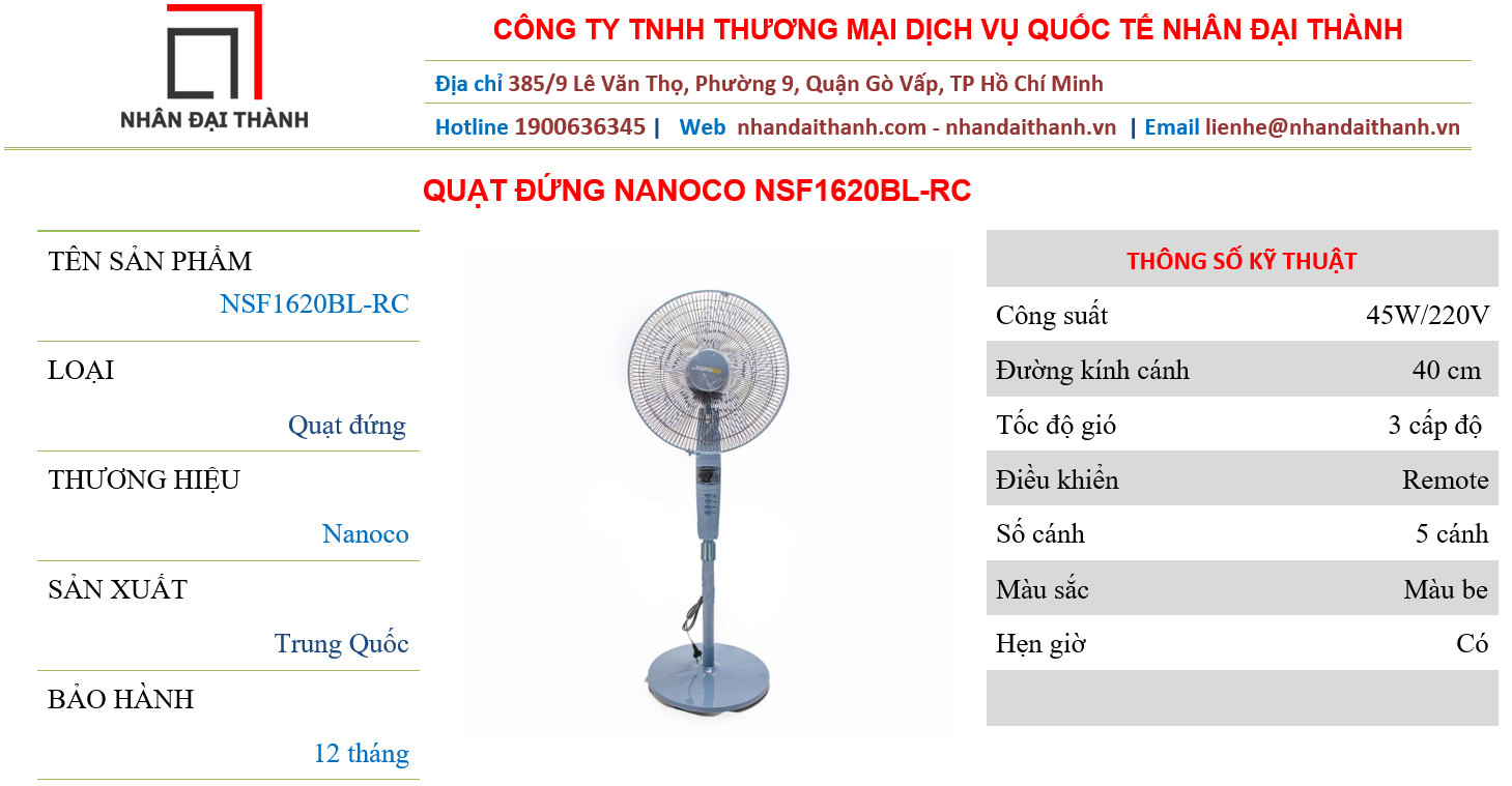 Quạt đứng Nanoco NSF1620BL-RC