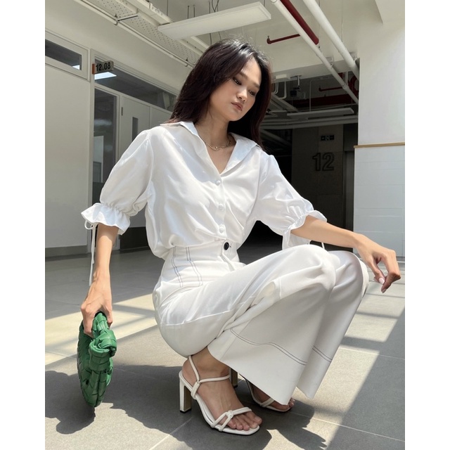 [Nhập mã LAZFASHION34-giảm 15% tối đa 99k/600k]SAP - Áo sơ mi tay nơ nút bọc thanh lịch