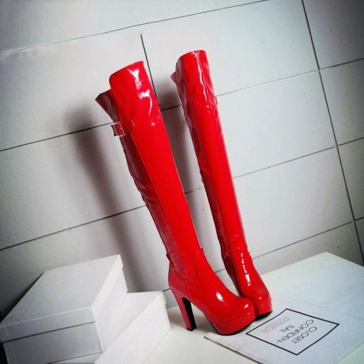 Giày boot nữ cổ cao da bóng đỏ quyến rũ GCC3302