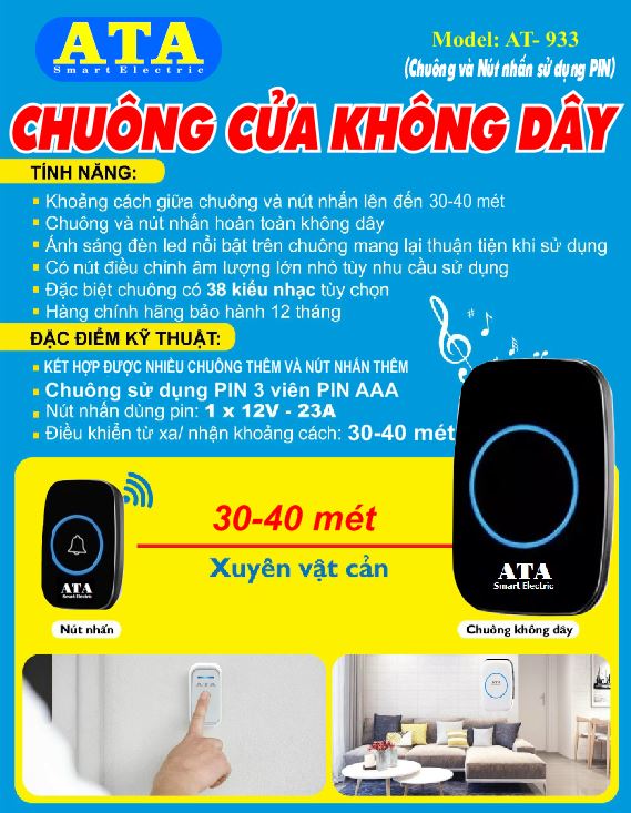 CHUÔNG CỬA KHÔNG DÂY DÙNG PIN ATA (NÚT DÙNG PIN + CHUÔNG DÙNG PIN)