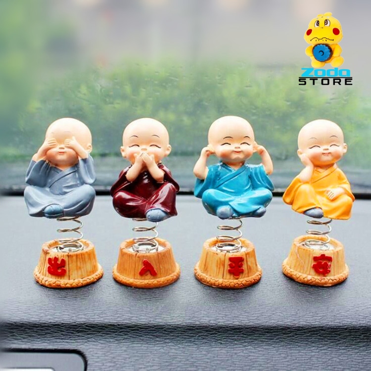 Bộ 4 tượng phật chú tiểu tu sĩ có lò xo lắc lư trang trí Taplo xe hơi, nhà cửa