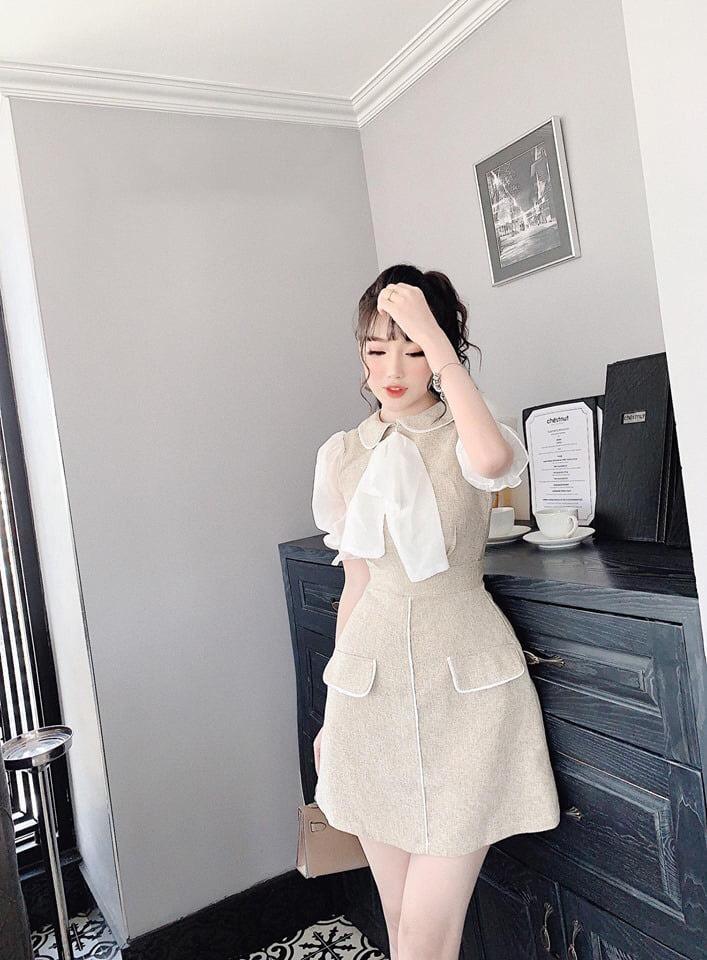 Đầm cổ cột nơ tay phối chất bố-KS