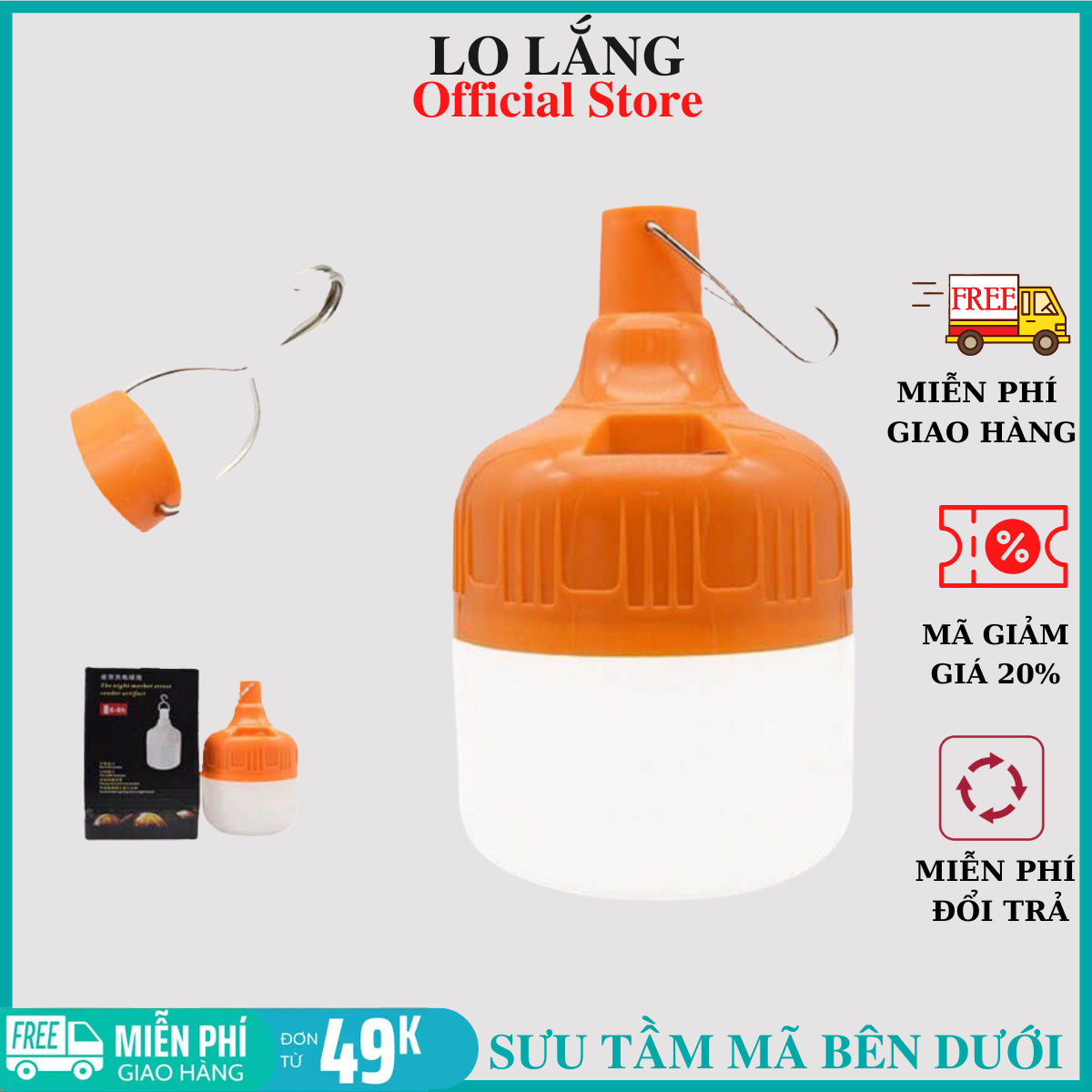 Bóng Đèn Tích Điện LED SIÊU SÁNG 150W Có Sạc Ngoài 3 Chế Độ Sáng Thông Minh kèm móc treo cao cấp