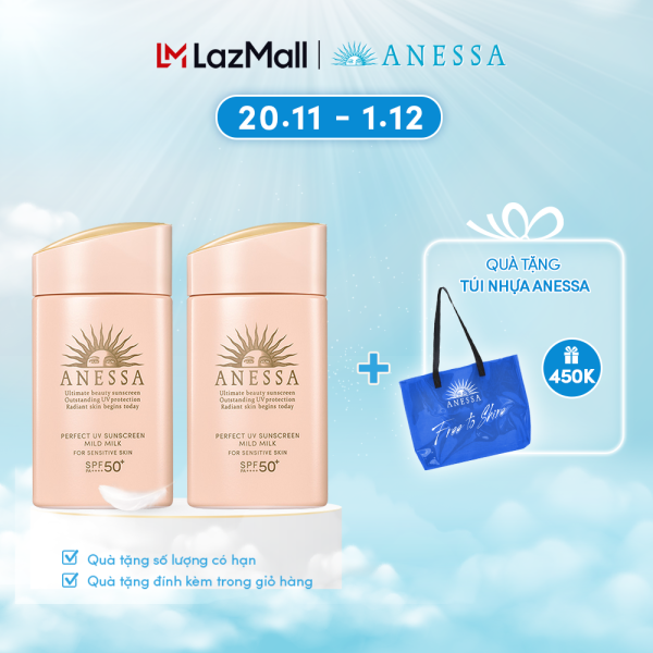 Bộ 2 Kem chống nắng dạng sữa dưỡng da dịu nhẹ cho da nhạy cảm và trẻ em ANESSA Perfect UV Sunscreen Mild Milk SPF 50+ PA++++ nhập khẩu