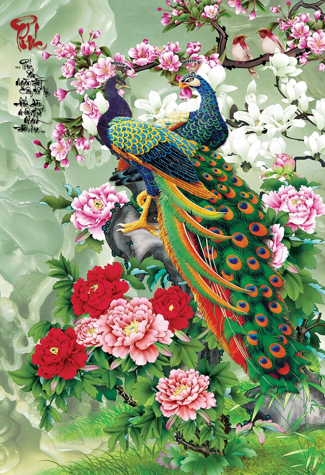 Tranh dán tường khổ dọc phong thủy Chim công và hoa mẫu đơn chữ Phúc VTC LunaTM-0111 phủ kim sa nhiều mẫu