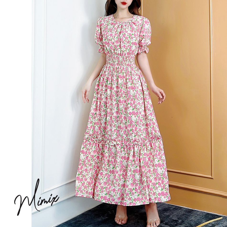 Đầm maxi hoa eo bo chun tay lửng MIMIX BJ6185