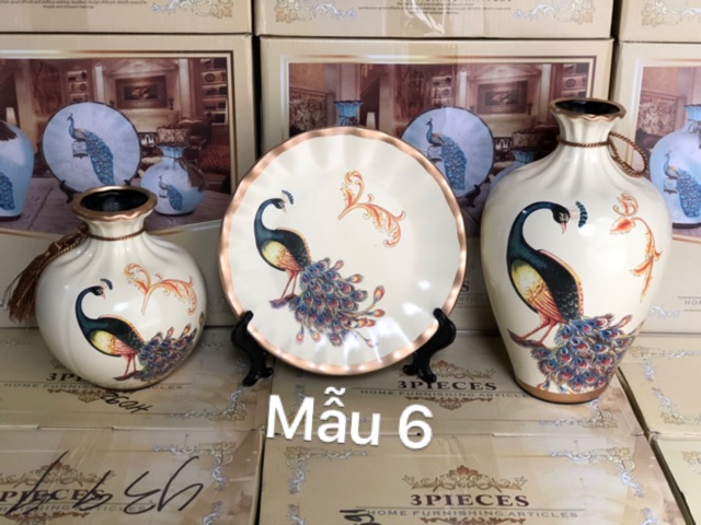Bộ 3 đĩa bình gốm sứ hút lộc decor siêu xinh