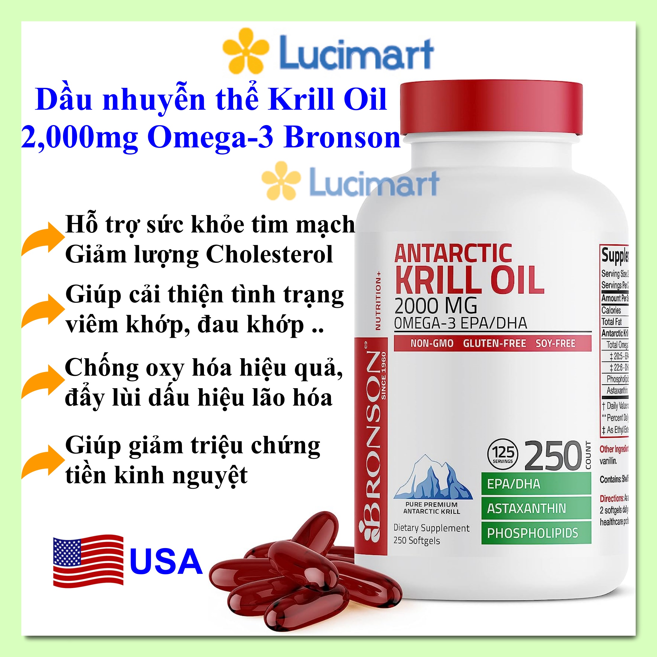 Viên uống dầu nhuyễn thể Krill Oil 2,000mg Omega-3 Bronson hũ 250 viên