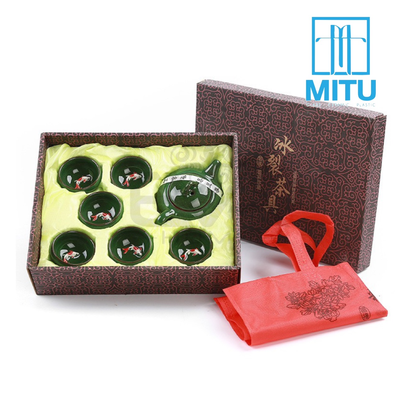 Bộ Ấm 6 Chén Trà Men Ngọc Bích Cá 3D Sang Trọng
