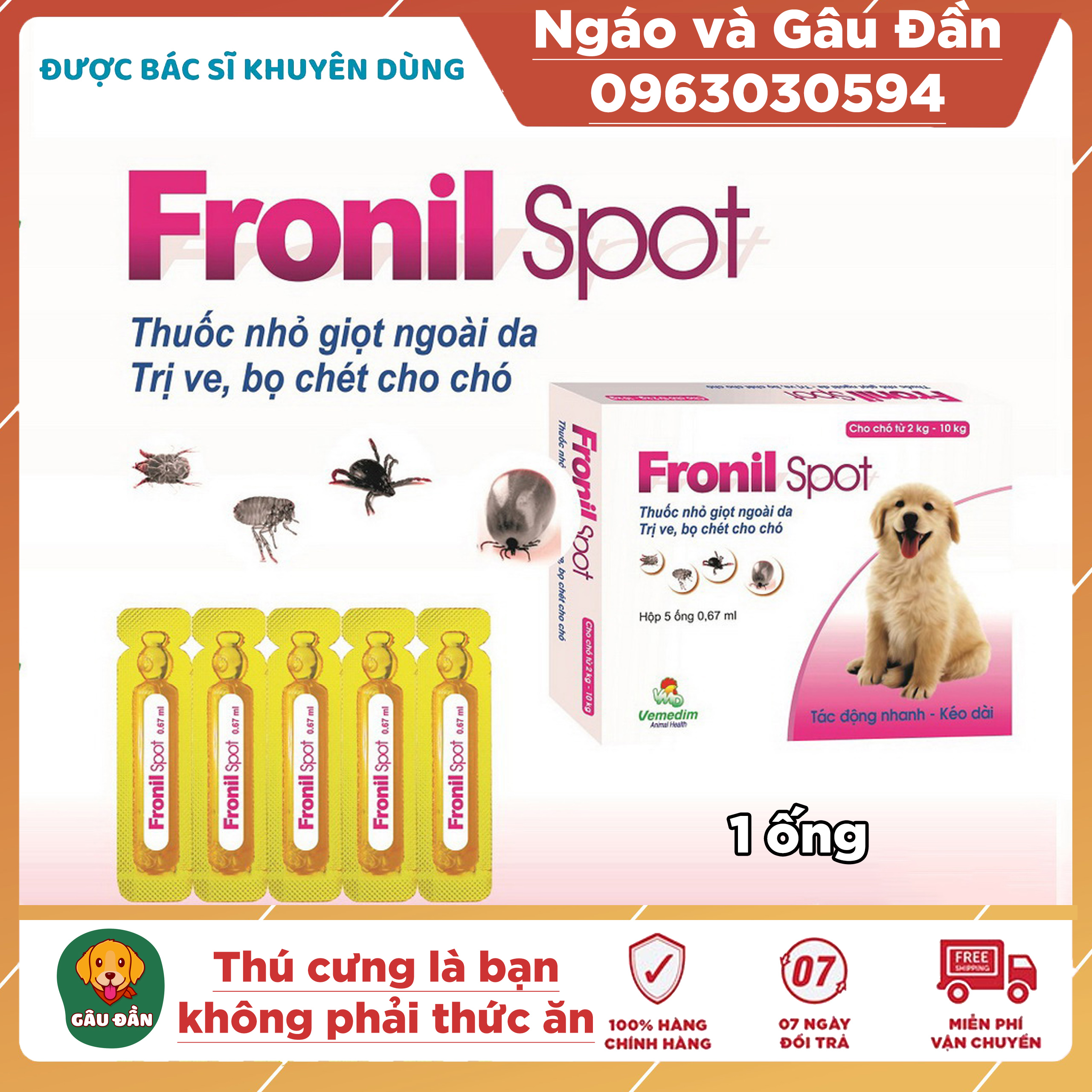 1 ống Dung dịch nhỏ sống lưng phòng ngừa, diệt ve ghẻ, bọ chét chó Fronil spot