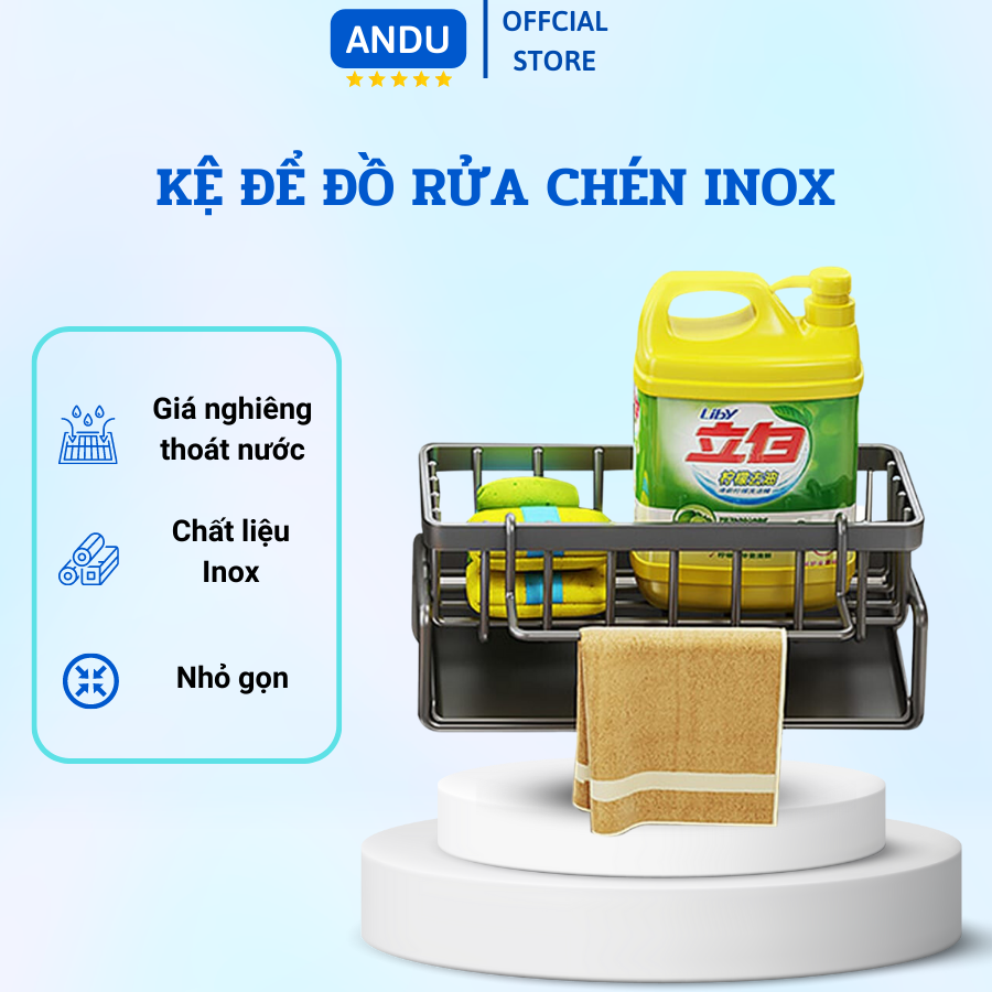 Kệ để đồ rửa chén bát 2 ngăn inox có khay hứng nghiêng nước giá để rẻ rửa bát