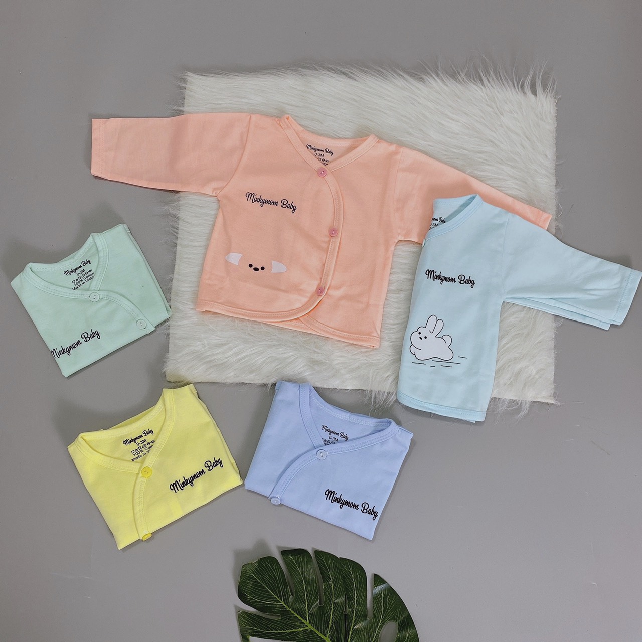 Combo 5 Áo Dài tay Minky thỏ sơ sinh cổ tim cài chéo