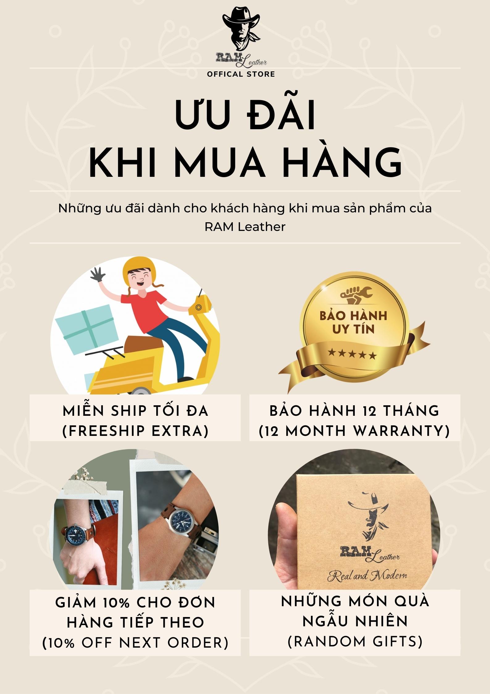 DÂY ĐỒNG HỒ SIÊU BỀN DA BÒ HANDMADE - RAM CLASSIC 1952 (TẶNG KHÓA, CHỐT, CÂY THAY DÂY)