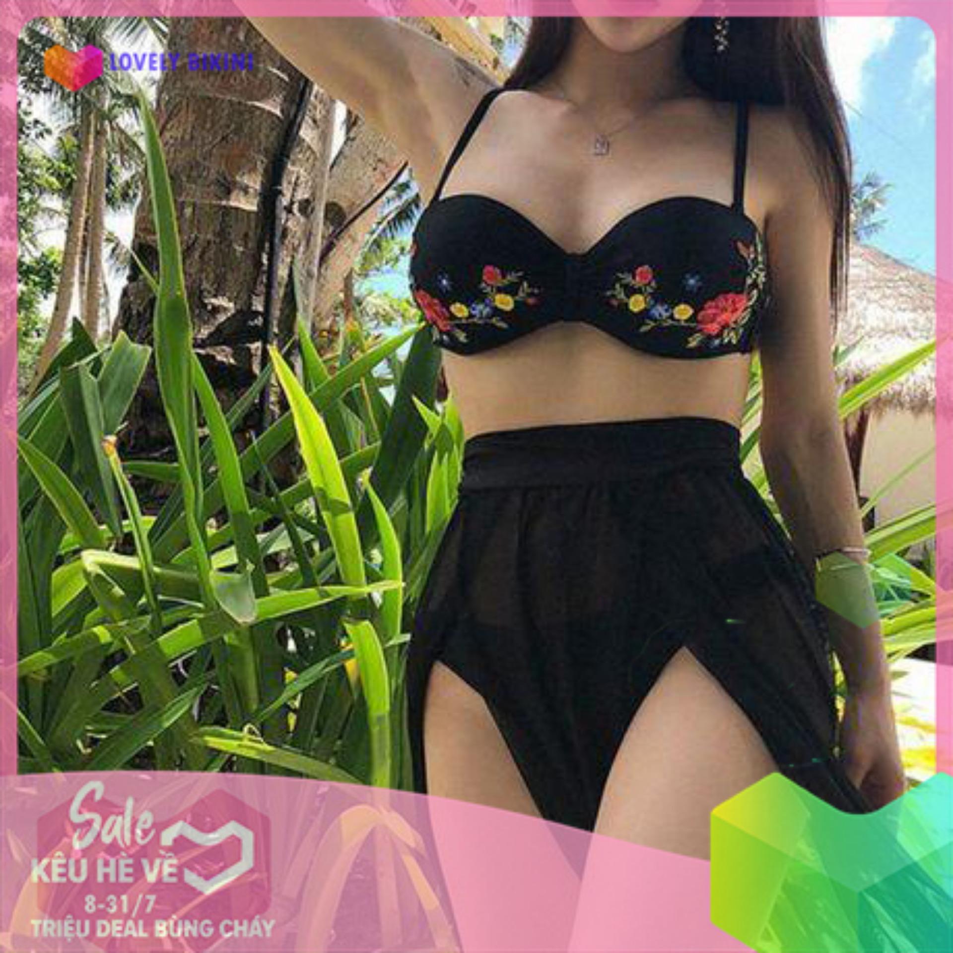 Bikini cúp ngực thêu hoa cao cấp (kèm chân váy ren set 3 món)