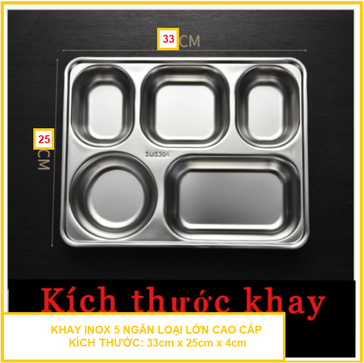 [KHAY LỚN 33X23X4.6 cm]KHAY CƠM PHẦN 5 NGĂN INOX 304 CAO CẤP KÈM THEO NẮP ĐẬY LOẠI DÀY ĐỰNG THỨC ĂN [ HÀNG LOẠI I ]