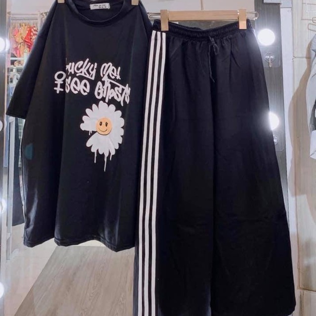 Bộ hoa cúc mặt cười chảy dãi+ quần ba sọc rộng HĐ12, áo kiểu nữ, áo thun nam nữ, quần khaki, quần nữ, sét bộ mặc ở nhà, áo thun tay dài, quần jean ống rộng- TIMON