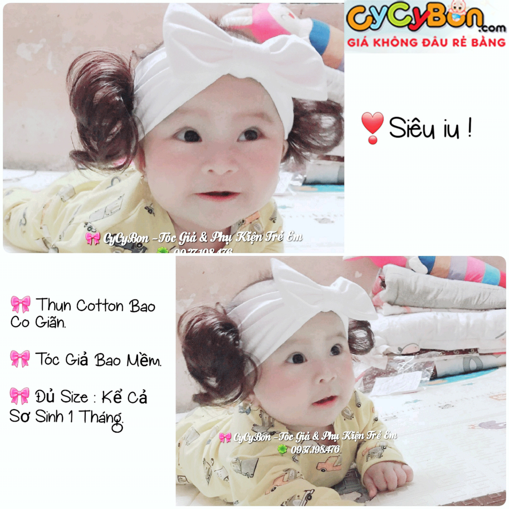 Băng Đô Turban Cho Bé Thun Cotton Nơ Trắng Kèm Tóc Giả 2 Bên - Có Đủ Size Kể Cả Sơ Sinh !