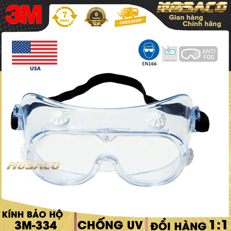 [CAM KẾT CHÍNH HÃNG] Kính bảo hộ chống hóa chất 3M 334 Mắt kính chống tia UV chống khói bụi trầy xước bảo vệ mắt, đeo được kính cận - MOSACO